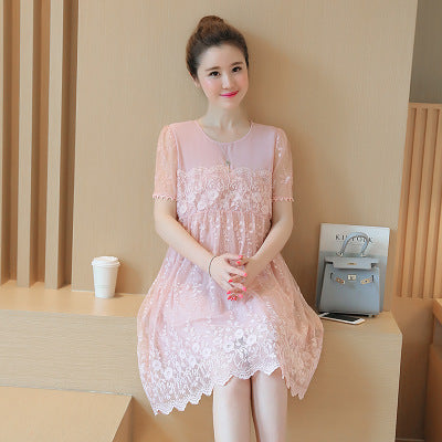 Summer Korean lace crochet flower maternity dress