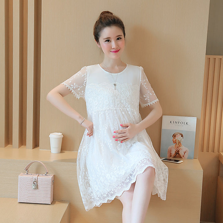 Summer Korean lace crochet flower maternity dress